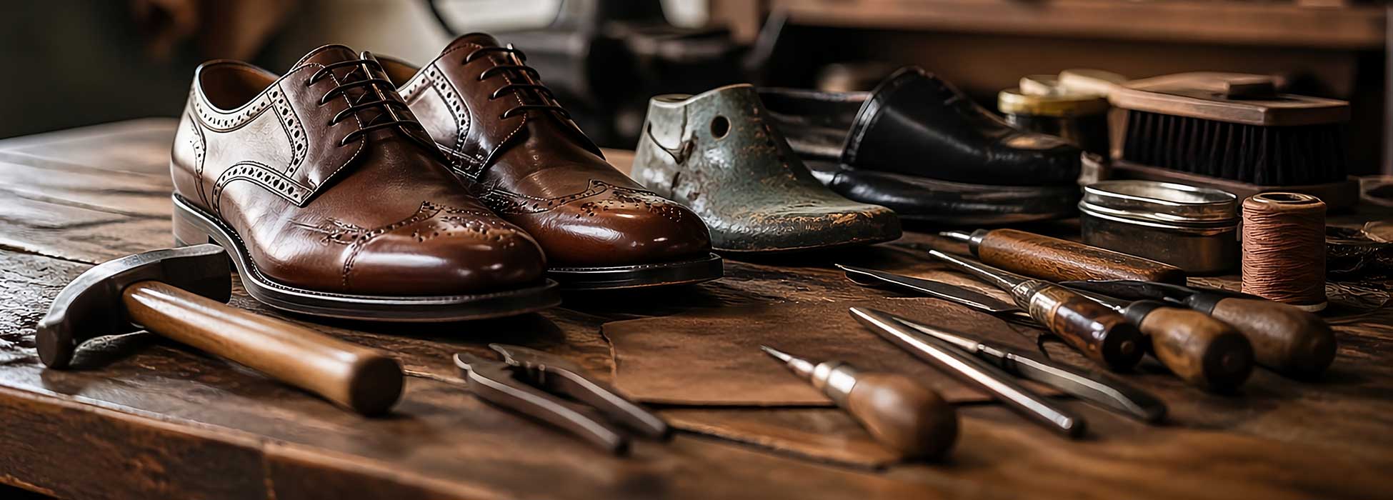 Chelu reparación de calzado Zapatos artesanales de cuero marrón y herramientas de zapatería.